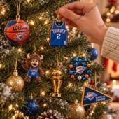 Oklahoma City Thunder themed Christmas ornaments on a tree