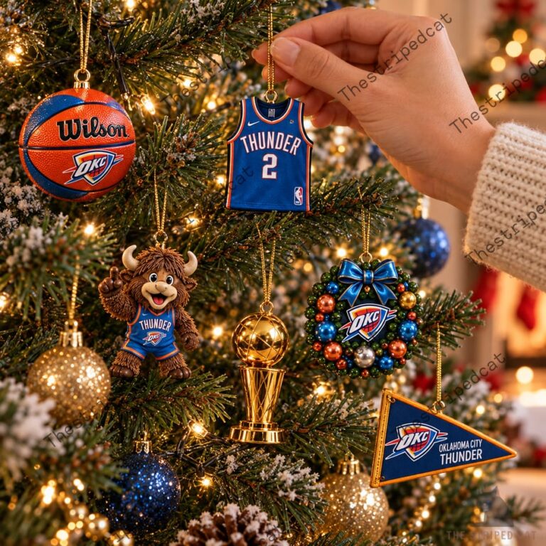 Oklahoma City Thunder themed Christmas ornaments on a tree