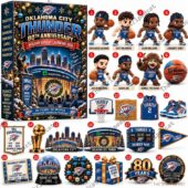 Oklahoma City Thunder 80th Anniversary Holiday Advent Calendar 2026 collectible set featuring player figures and team memorabilia