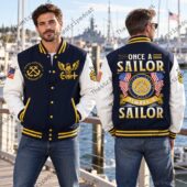 Once a Sailor, Always a Sailor US Baseball Jacket 2 Man wearing a United States Navy varsity jacket with front and back views.