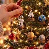 Hand holding an astronaut Christmas ornament on a tree with space-themed decorations from TheStripedcat