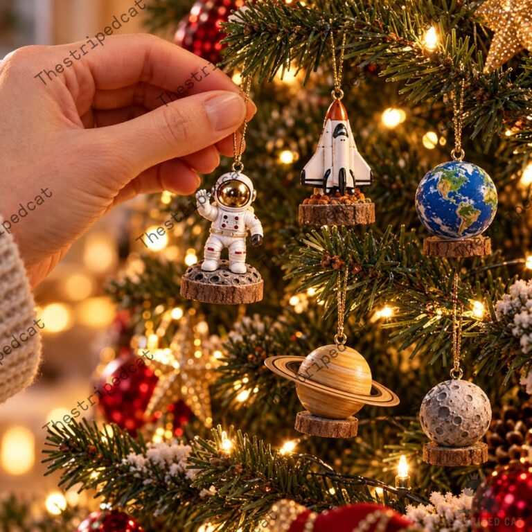 Hand holding an astronaut Christmas ornament on a tree with space-themed decorations from TheStripedcat
