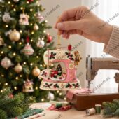 A hand holding a decorative vintage sewing machine Christmas ornament in front of a holiday tree.