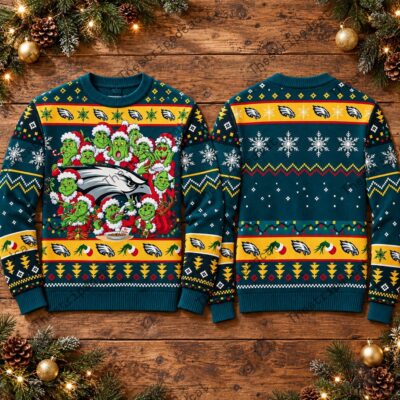Philadelphia Eagles Grinch Ugly Christmas Sweater – Santa Faces