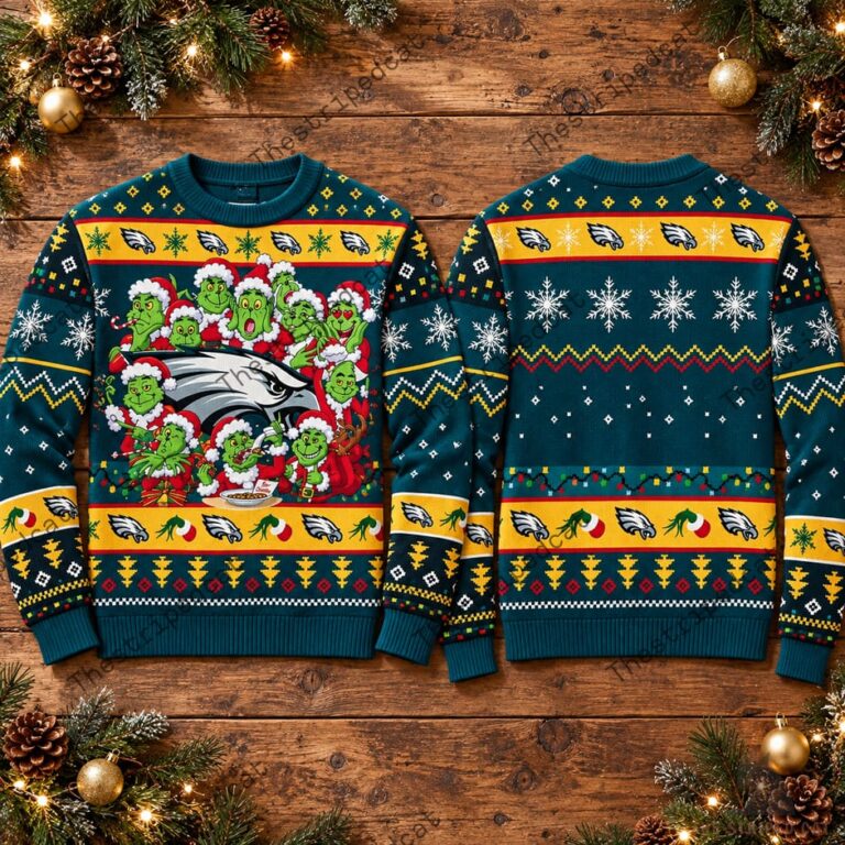 Philadelphia Eagles and Grinch themed holiday crewneck sweater