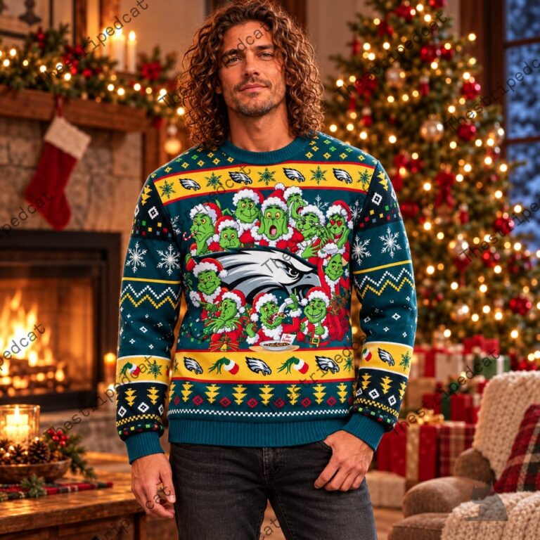 Man wearing a Philadelphia Eagles Grinch holiday sweater in front of a Christmas tree.