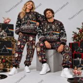 Couple wearing matching Pink Floyd Christmas loungewear sets from TheStripedcat.