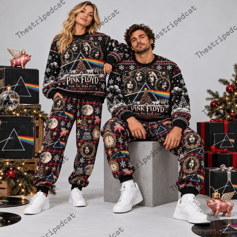Couple wearing matching Pink Floyd Christmas loungewear sets from TheStripedcat.