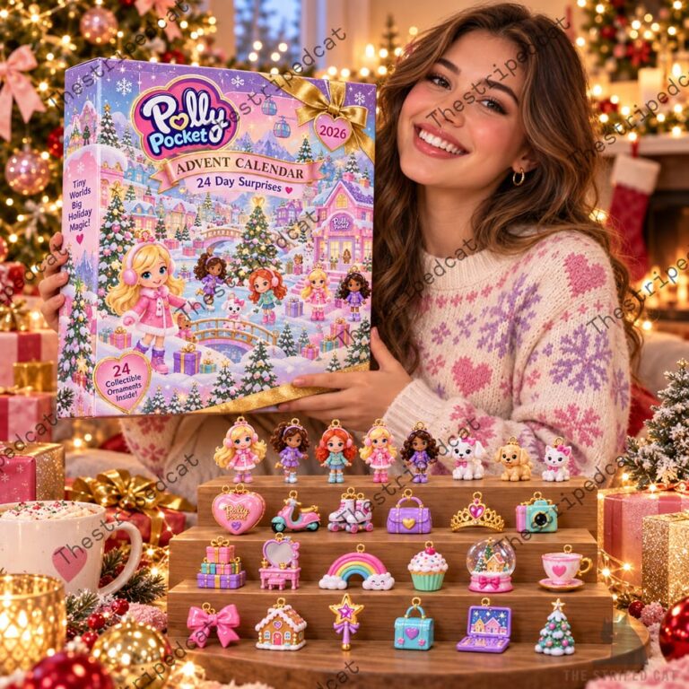 Young woman holding a 2026 Polly Pocket advent calendar with 24 miniature holiday ornaments displayed below.