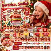 A young girl opening a San Francisco 49ers advent calendar featuring miniature football-themed collectibles.