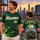 Man wearing a green Teenage Mutant Ninja Turtles and Sharks collaboration jersey.