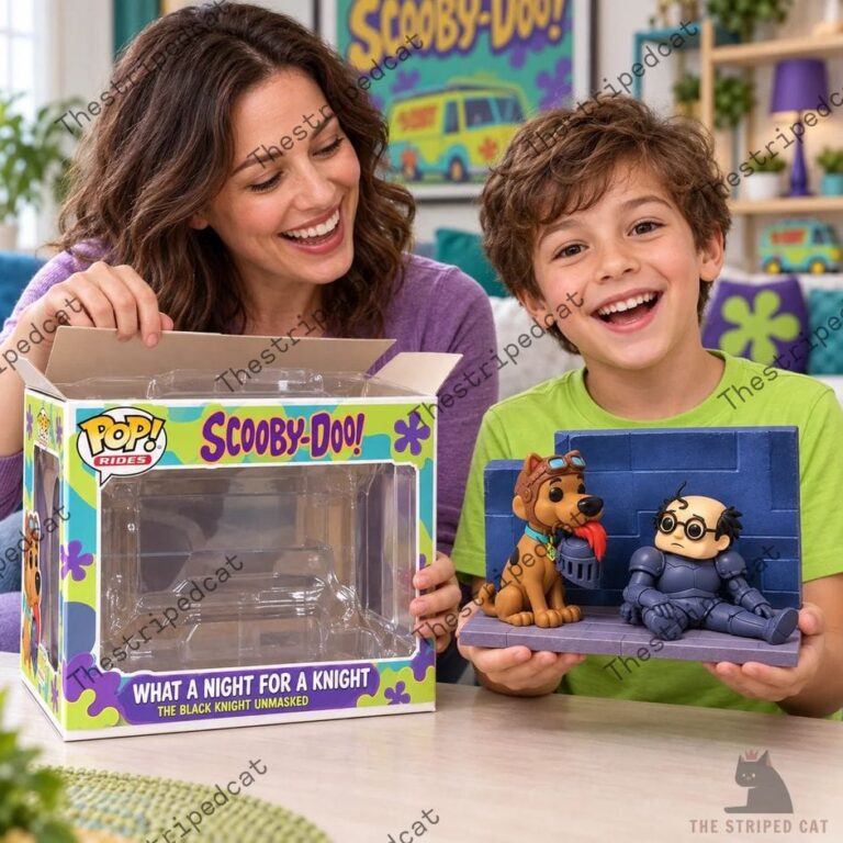 A woman and a young boy opening a Scooby-Doo Black Knight collectible set from TheStripedcat