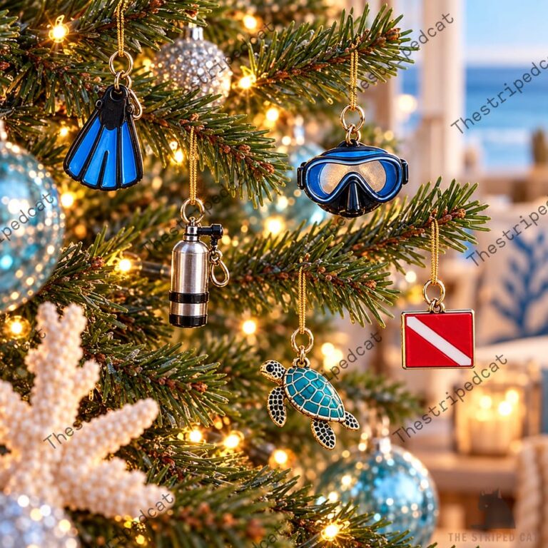 Scuba diving themed Christmas ornaments on a tree