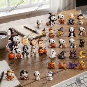Collection of Peanuts Halloween character figurines on a desk