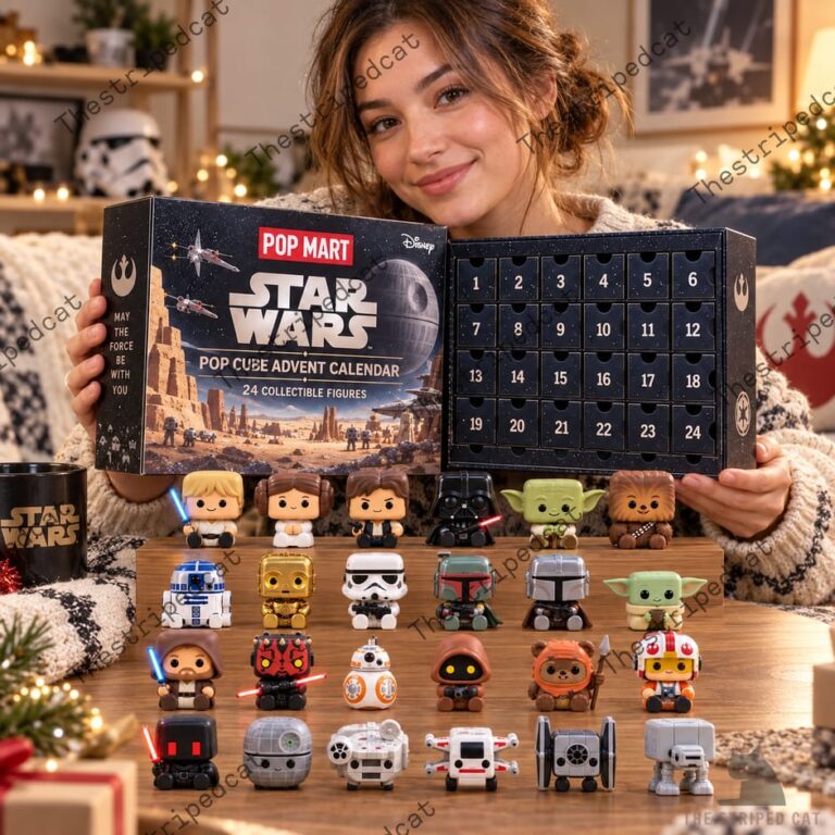 Woman holding a Pop Mart Star Wars Pop Cube Advent Calendar with 24 mini figures