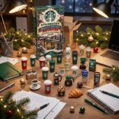 Starbucks America 250th Anniversary 2026 advent calendar with miniature coffee cups and holiday decor