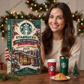 Woman holding a Starbucks America 250th Anniversary 2026 advent calendar.