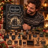 Man holding The Kraken Black Spiced Rum 2026 Advent Calendar surrounded by nautical themed collectible items.