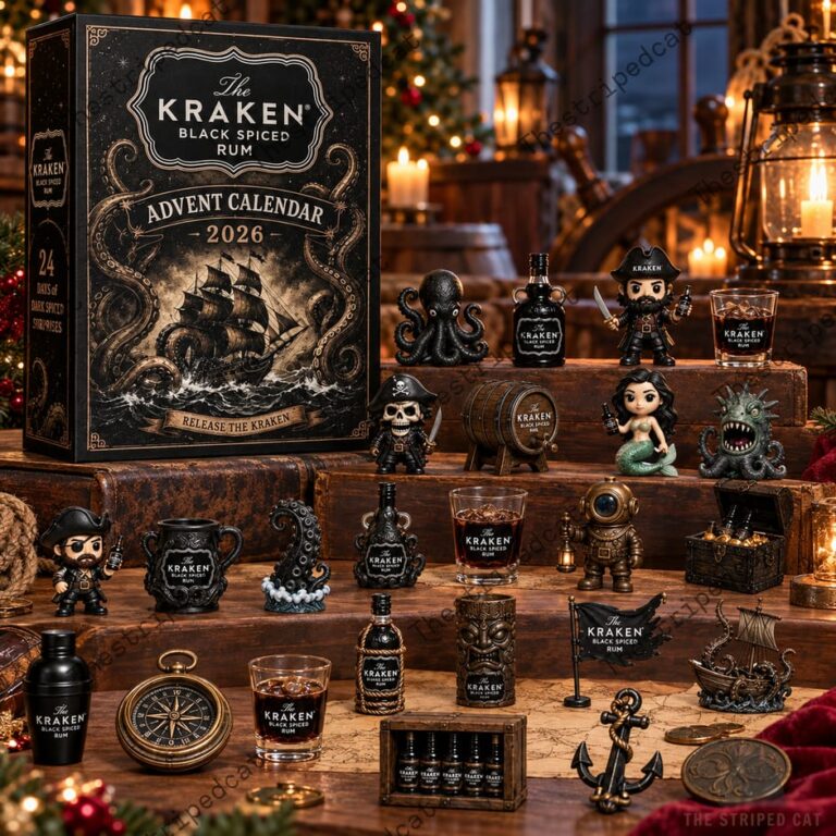The Kraken 2026 Black Spiced Rum advent calendar with miniature figurines and accessories.