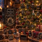 The Kraken Black Spiced Rum 2026 advent calendar surrounded by nautical themed ornaments and gifts.