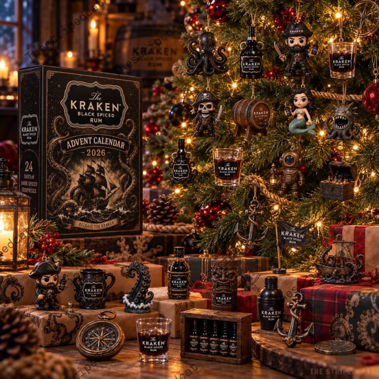 The Kraken Black Spiced Rum 2026 advent calendar surrounded by nautical themed ornaments and gifts.