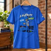 Blue t-shirt featuring a Wildcat mascot parody of a horror movie theme