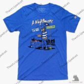 Blue t-shirt featuring a Wildcat mascot parody of a horror movie poster.