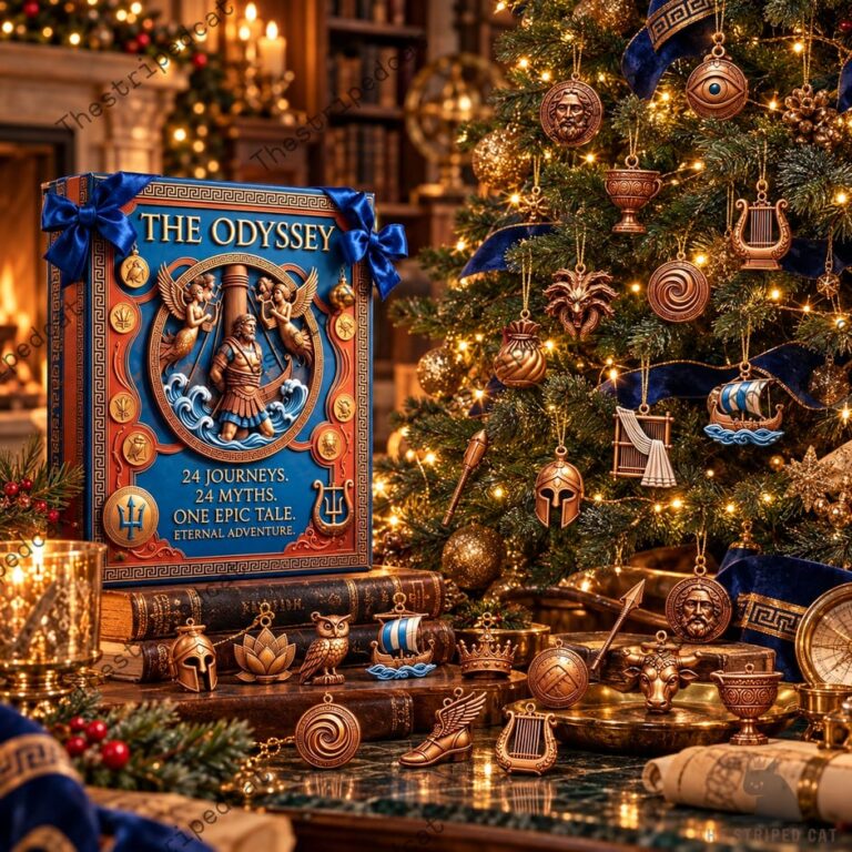 The Odyssey 24-day Greek mythology advent calendar with decorative ornaments.