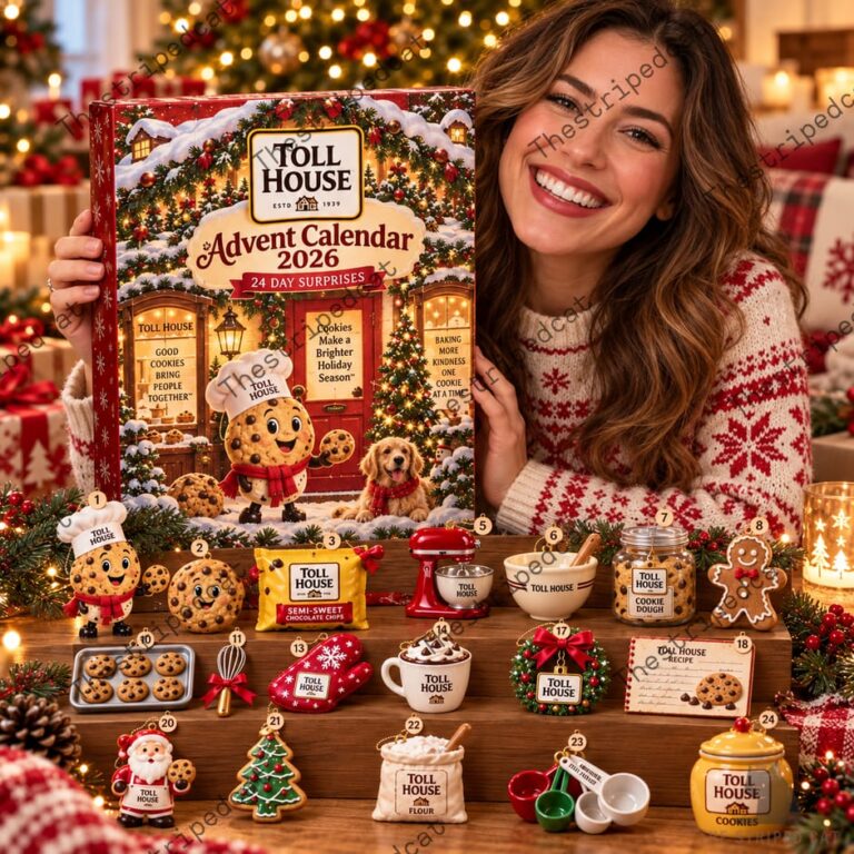 Toll House Advent Calendar 2026 24 Day Surprises 4 Woman smiling behind a Toll House 2026 advent calendar with miniature baking-themed ornaments.