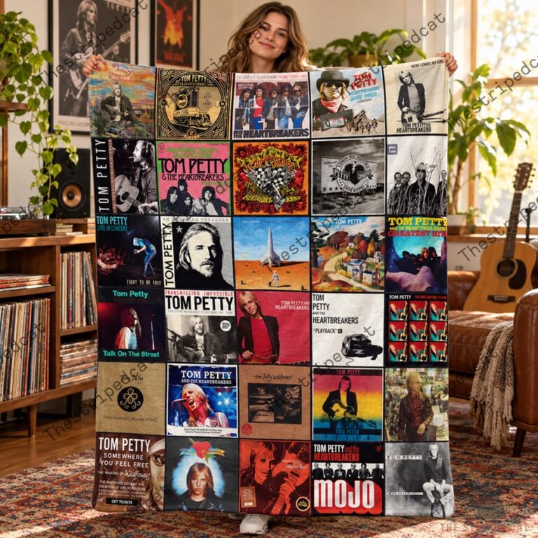 Tom Petty Sherpa Blanket A Tribute To Heartland Rock Legends Blanket 4 Woman holding a Tom Petty and the Heartbreakers album cover collage fleece blanket by TheStripedcat