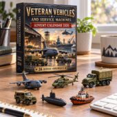 Veteran Vehicles and Service Machines 2026 Advent Calendar featuring 24 military vehicle ornaments.