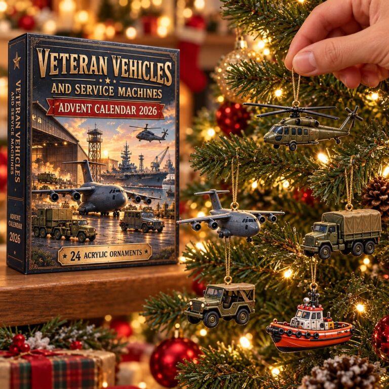 Veteran Vehicles and Service Machines 2026 Advent Calendar with hanging military ornaments
