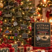 Vietnam Veterans Memorial Christmas ornament collection hanging on a tree