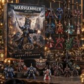 Warhammer 40,000 40th Anniversary Advent Calendar with miniature figure ornaments.