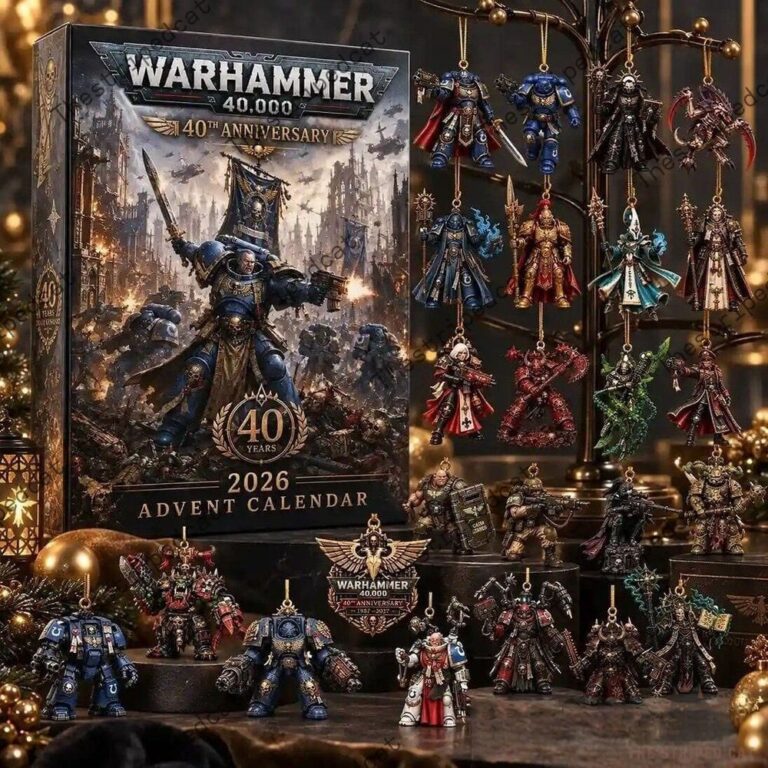 Warhammer 40,000 40th Anniversary Advent Calendar with miniature figure ornaments.