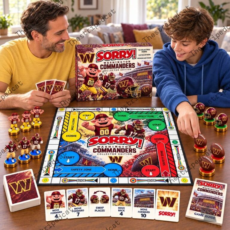 Father and son playing the Washington Commanders Collector Edition Sorry! board game from TheStripedcat.
