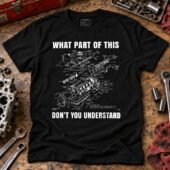 Black t-shirt with a mechanical engine diagram and text