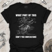 Black t-shirt featuring an engine technical diagram print.