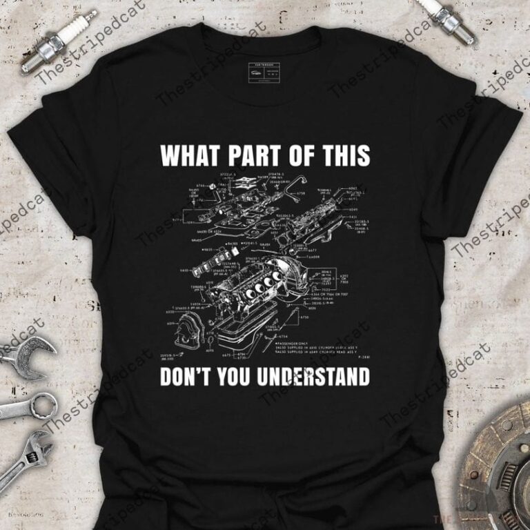 Black t-shirt featuring an engine technical diagram print.
