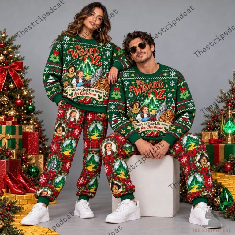 Couple wearing matching Wizard of Oz Christmas sweaters and pajamas from TheStripedcat