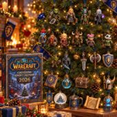 World of Warcraft 2026 advent calendar and character ornaments on a Christmas tree