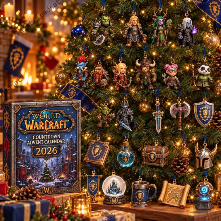 World of Warcraft 2026 advent calendar and character ornaments on a Christmas tree
