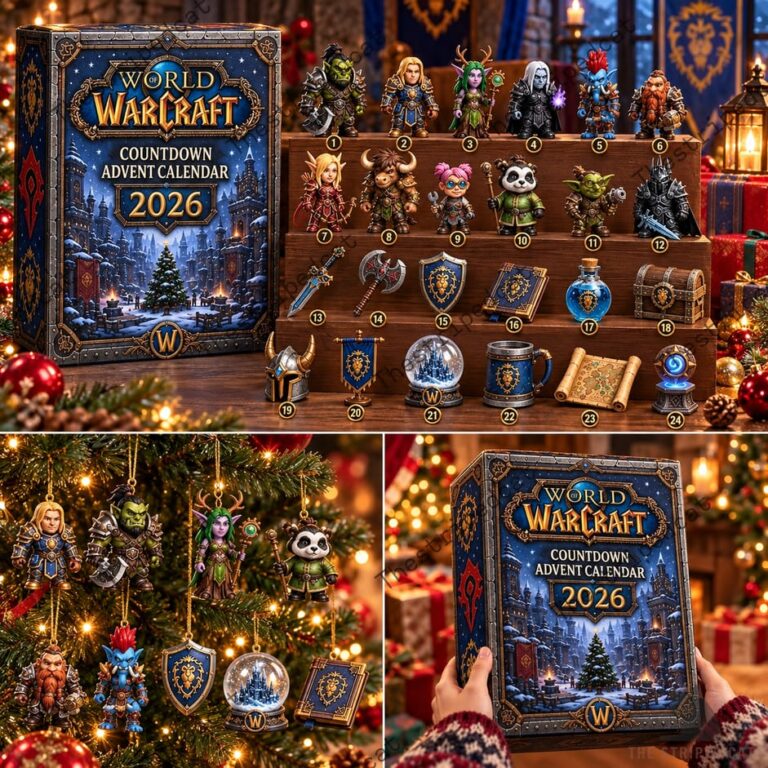 World of Warcraft 2026 Countdown Advent Calendar featuring 24 miniature character figures and ornaments.